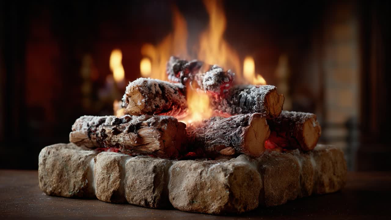 Captivating Flames Dance Over a Cozy Log Fire in an Inviting Hearth, Bringing Warmth and Serenity to the Room, Perfect for Creating a Tranquil Atmosphere