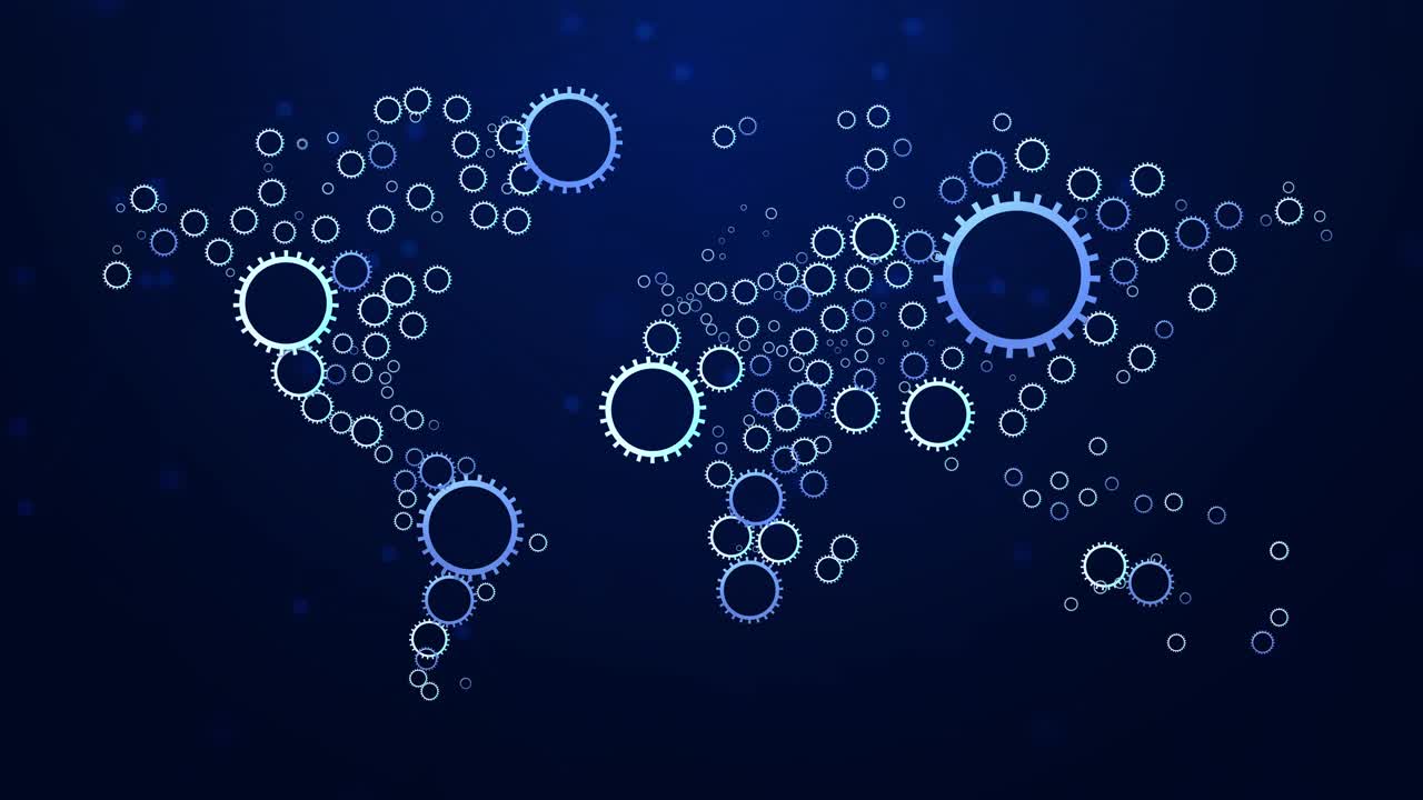 Abstract cog wheel metal gears cogwheels making global world map loop animation economic social or