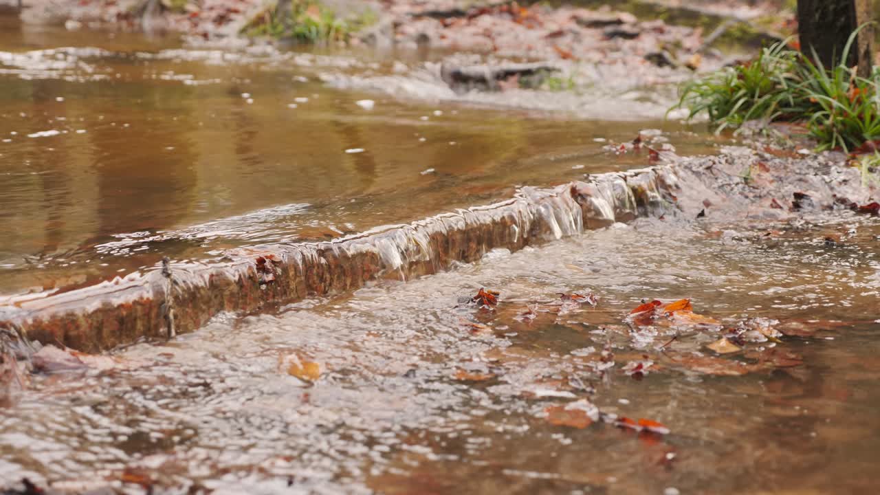 río inundado que fluye sobre el sendero en invierno