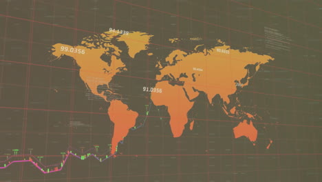 animación del mapa del mundo y procesamiento de datos financieros.