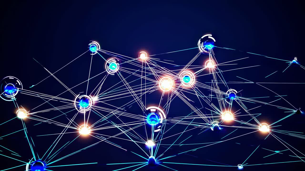 Futuristic network concept with glowing nodes and lines, captured from a low-angle
