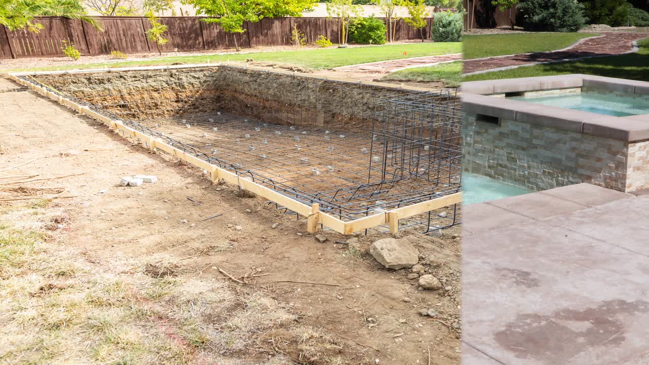 cinemagraph sin costuras de 4k de bucle de la construcción de la piscina que se desvanece hasta la piscina terminada