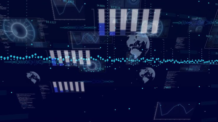 Digital analytics dashboard revealing panels on teal pulse, blue bars rising to emphasize metrics