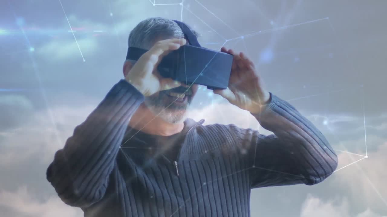 Animazione di elaborazione dati su un uomo che utilizza un visore VR.
