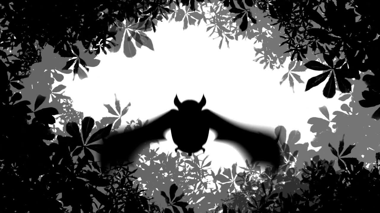 애니메이션 된 흑백 잎자루 배경 위에 날아다니는 박 실루