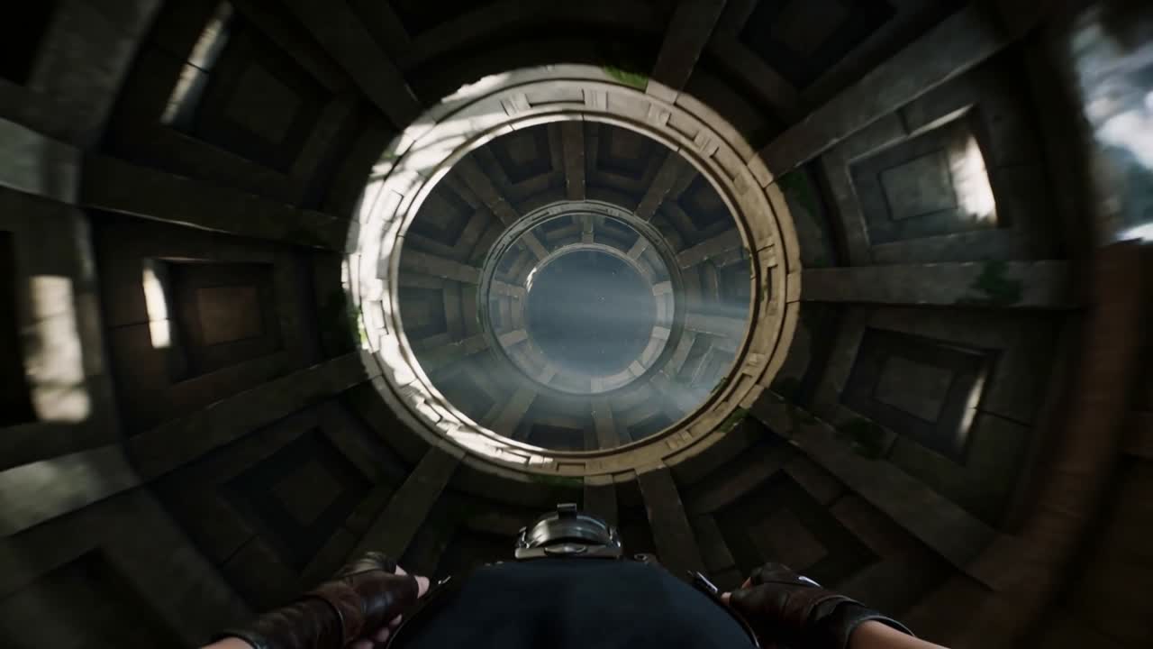 Tilting POV traveler in helmet rotating upward inside rotunda, inspecting skylight and moss