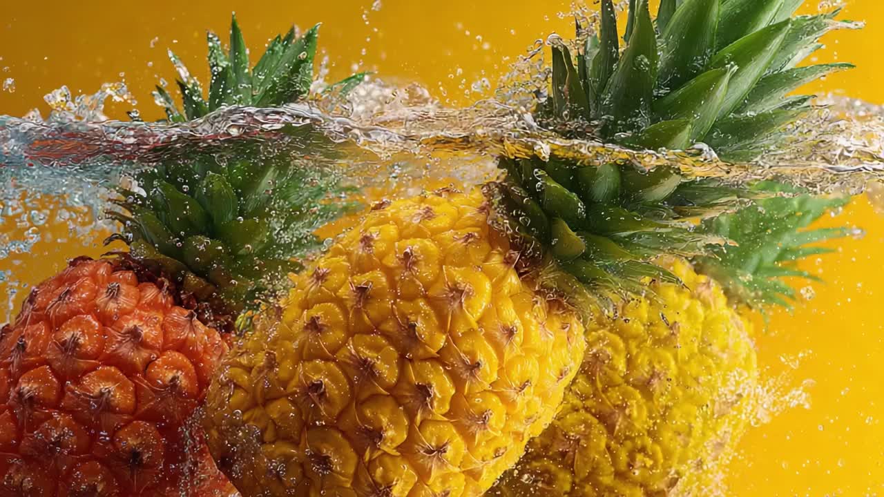 A Vibrant Display of Pineapples in Water, Showcasing the Juicy Fruits with their Bright Yellow and Orange Hues Against a Sunny Yellow Background