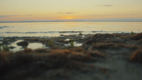 lake shoreline reflecting golden sunset at dusk