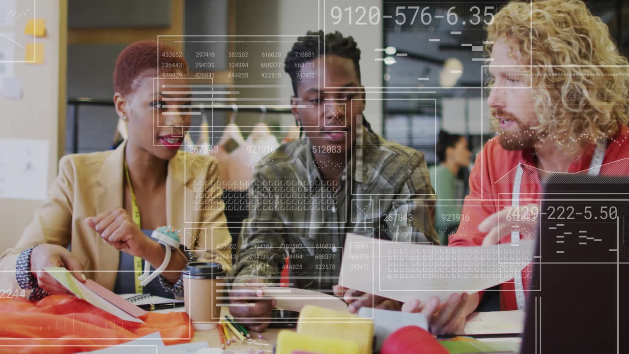 Animation of data processing over diverse colleagues discussing work in office