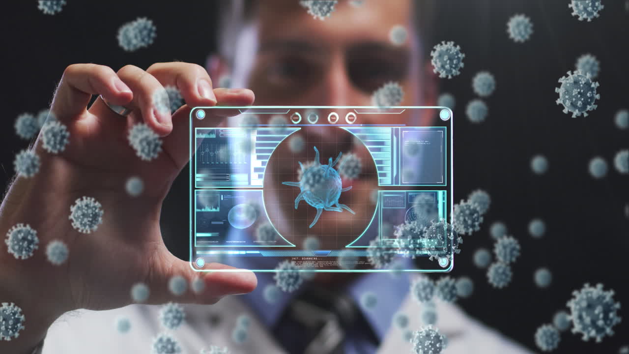 의료 데이터 처리와 함께 남성 의사 홀딩 스크린에서 코로나 세포의 애니메이션