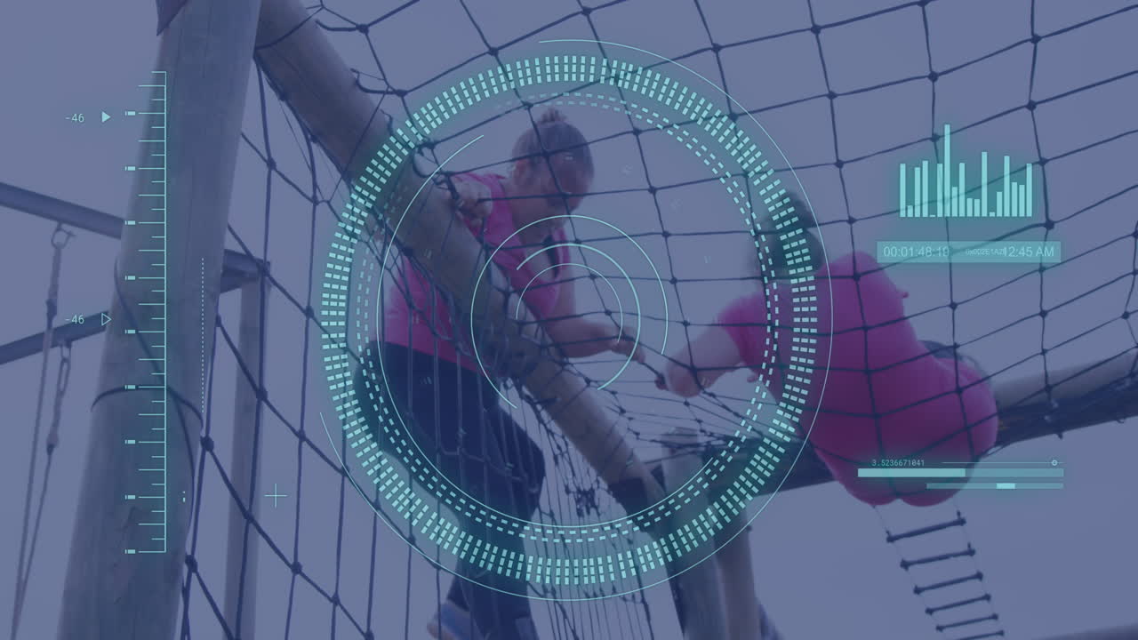 장애물 코스 등반에서 다양한 여성에 대한 데이터 처리 및 범위 스캔의 애니메이션