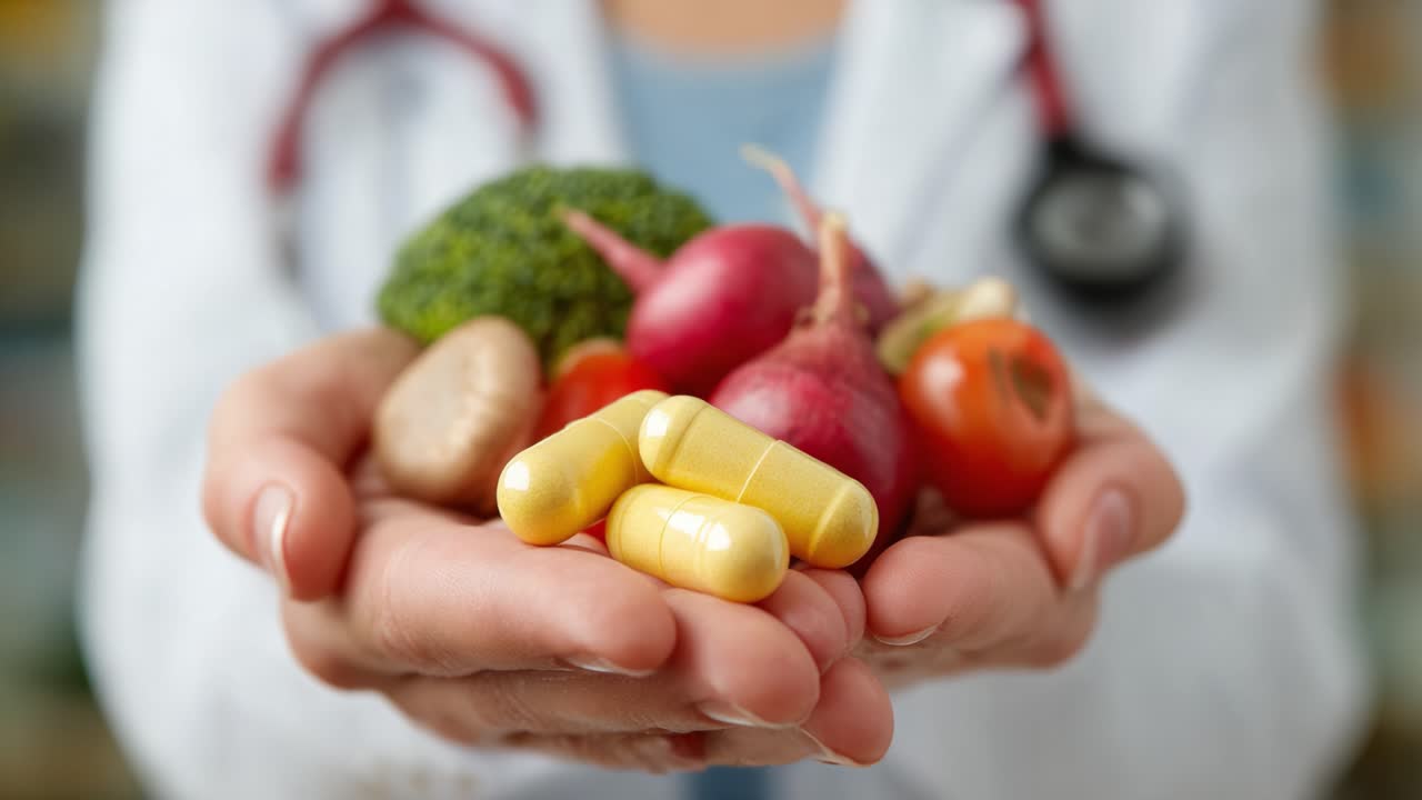 Balancing Nutrition: A Caregiver's Hands Showcase a Mix of Fresh Vegetables and Dietary Supplements Representing Holistic Health and Wellness Strategies