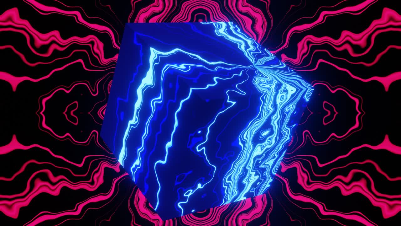 cubo flotante con patrón azul sobre el fondo de un patrón de bucle de vj rojo