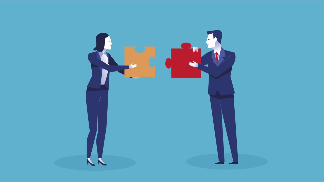 elegant business couple workers with puzzle pieces