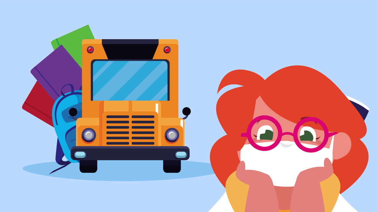 버스와 물품과 함께 의료 마스크를 착용 한 작은 학생 소녀