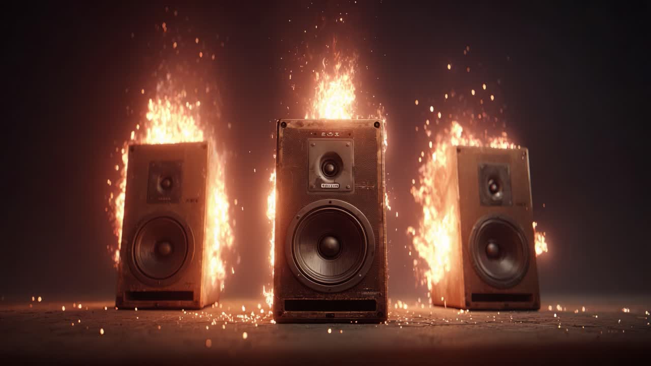 A stunning visual display of dynamic speakers engulfed in flames, creating a mesmerizing juxtaposition of sound equipment and fire that captivates the viewer's attention