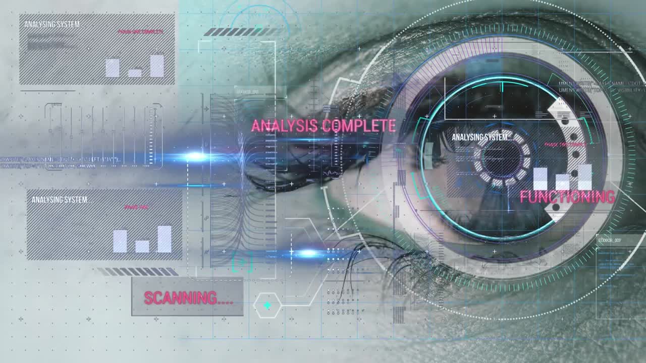 Animation of scopes scanning and analysis processing over woman's eye