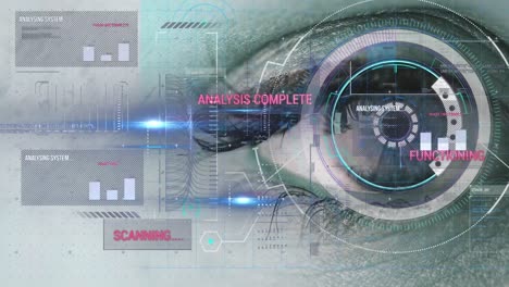 Animation-of-scopes-scanning-and-analysis-processing-over-woman's-eye