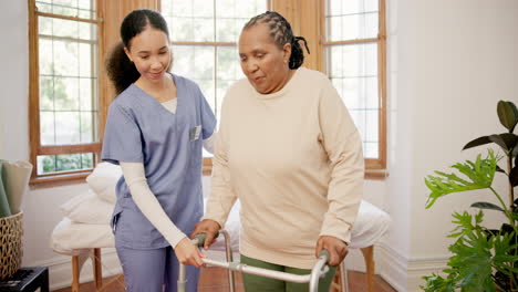 nurse, walker and woman with disability