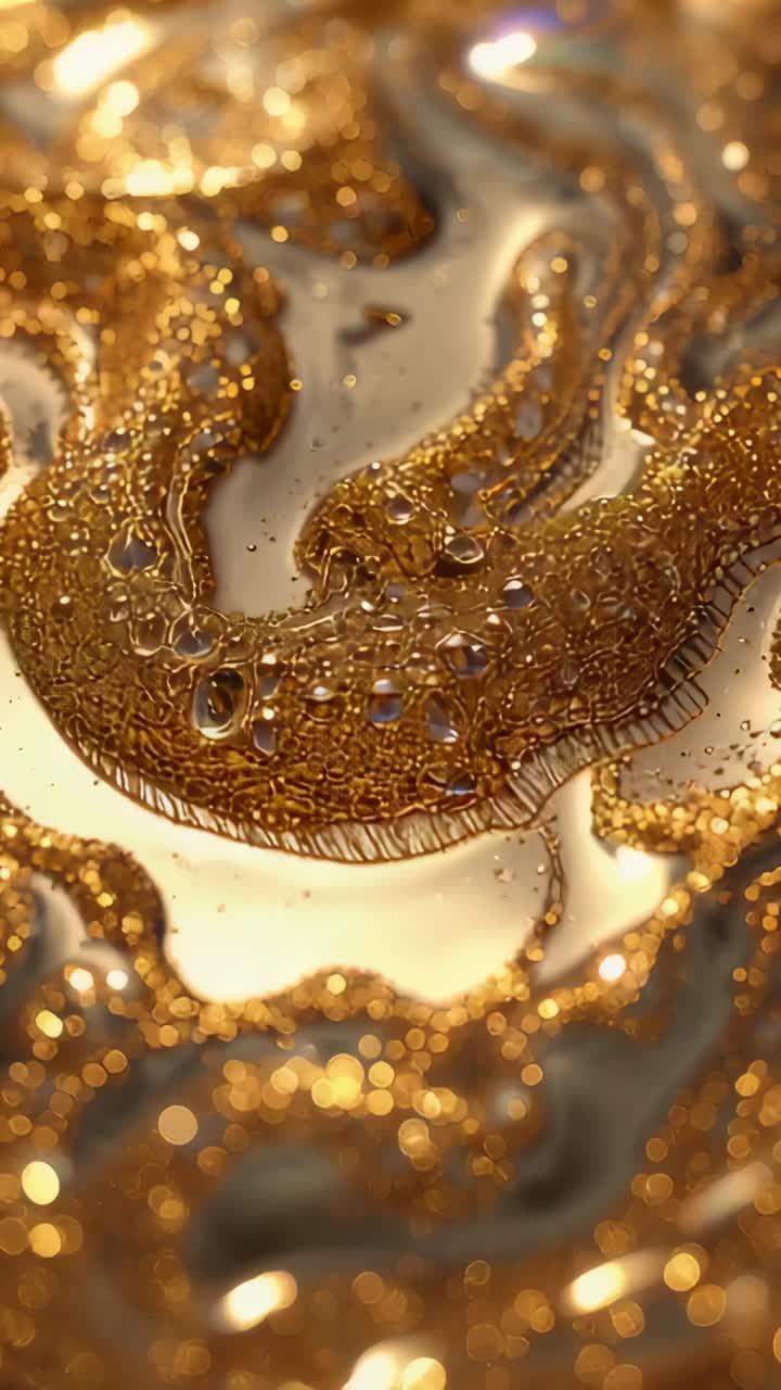 Vertical video: Shifting camera revealing gold ridges in macro, capturing microtexture and droplets