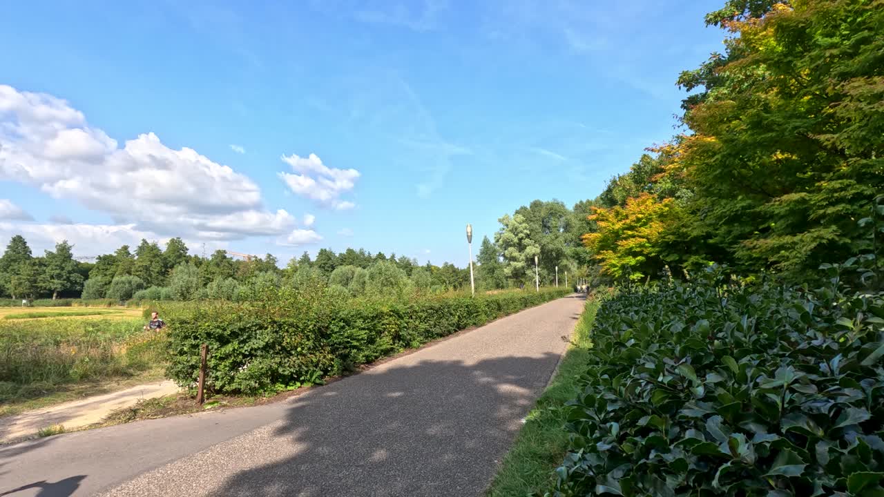Person cycling on a sunlit path surrounded by greenery, blue sky, and tranquil countryside landscape