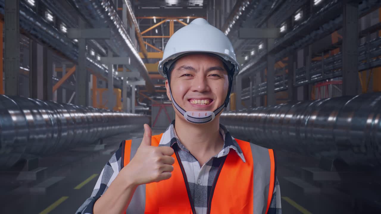 Smiling Engineer with Thumbs Up in Industrial Setting