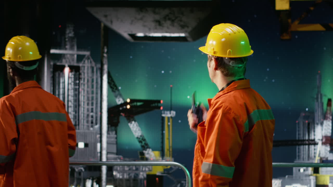 Environmental officers on oil rig platform communicating via radio ...