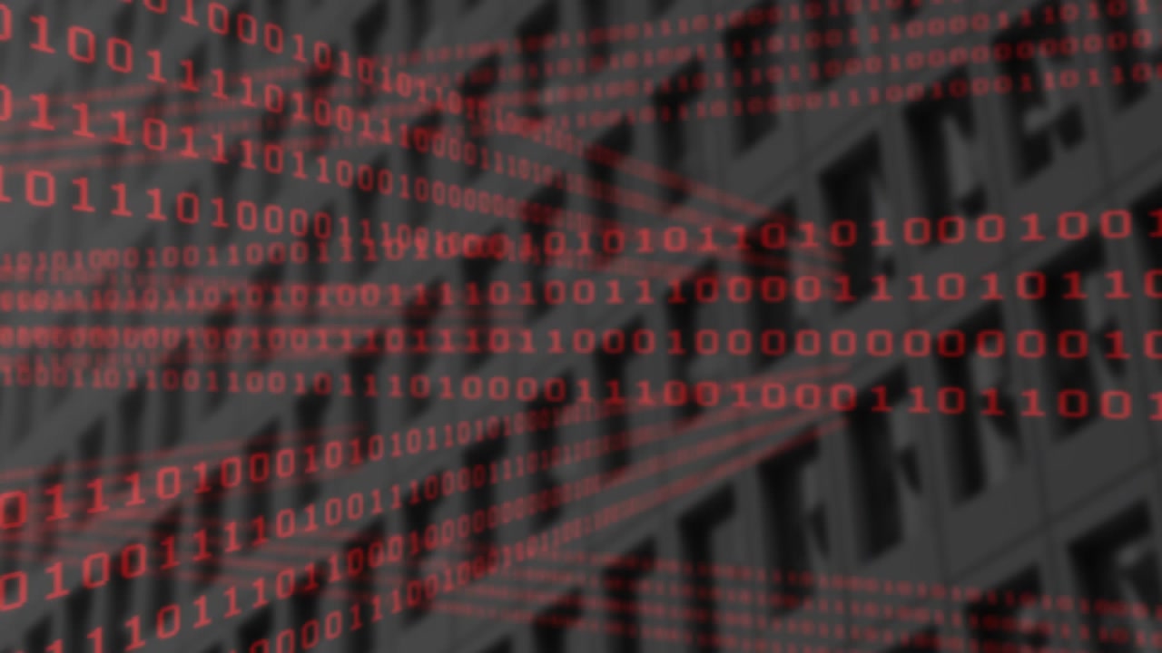 Loading triggers red binary digits scrolling horizontally across grid facade representing data flow
