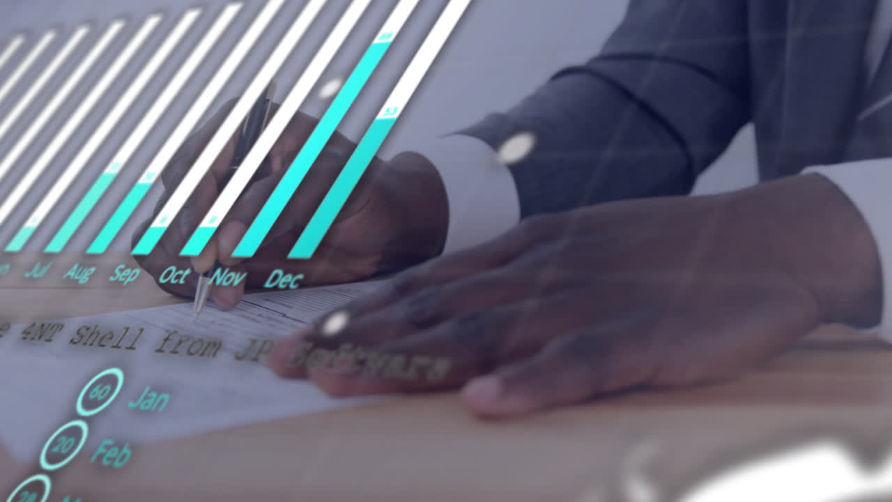 Animation of financial data processing over african american businessman writing