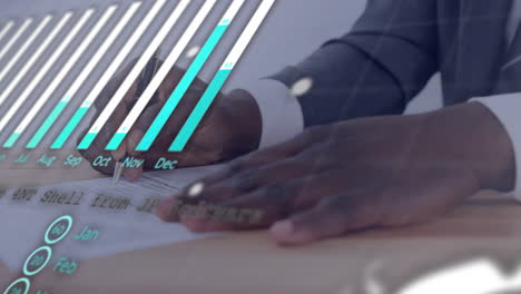 animation of financial data processing over african american businessman writing