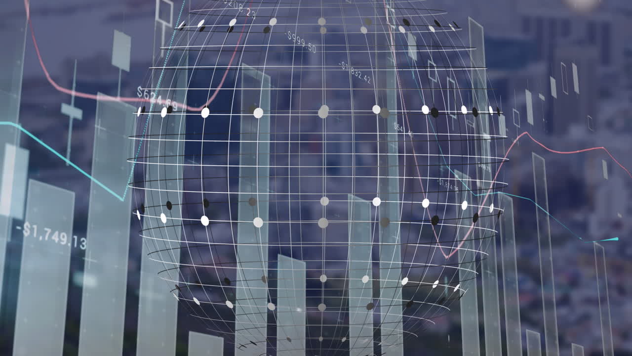 animación de gráficos, números cambiantes, patrón de cuadrícula globo sobre el paisaje urbano moderno