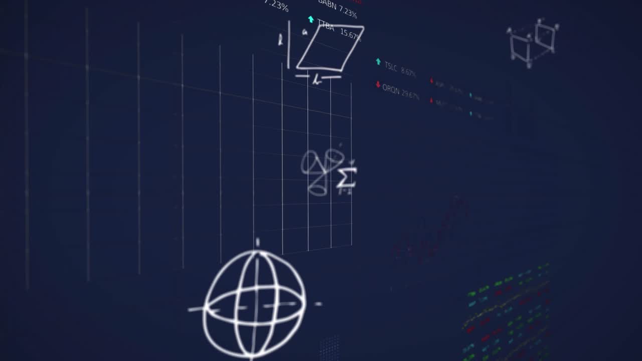 Animation of data processing and mathematical equations on black background