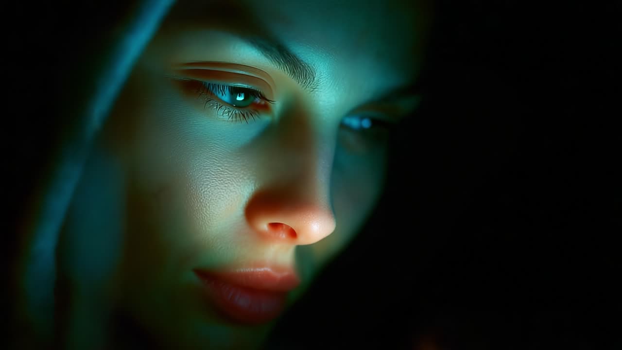 Urzekające zbliżenie zamyślonej osoby oświetlonej delikatnym światłem, ukazujące subtelne emocje i misternie odwzorowane szczegóły twarzy, uchwycone w zaciemnionym otoczeniu