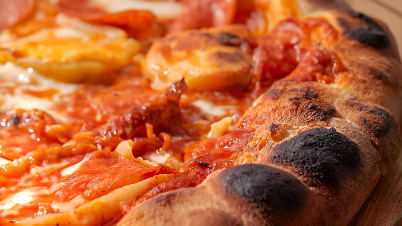 Panoramica su pizza su tagliere di legno, telecamera che si sposta a sinistra rivelando una crosta bollosa e formaggio che bolle.