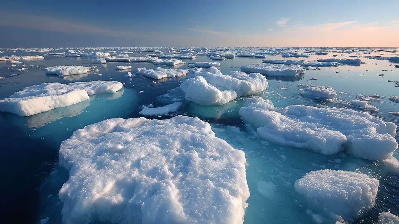 Serene Arctic Landscape with Floating Icebergs Reflecting Glorious Sunlight on Calm Waters, Capturing the Tranquility and Beauty of Nature in a Remote Environment