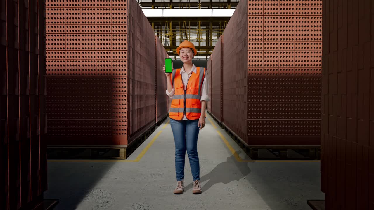 Full Body Of Asian Female Engineer With Safety Helmet Smiling And Showing Green Screen Smartphone To The Camera With Red Brick Packed in Stacks Are Stored