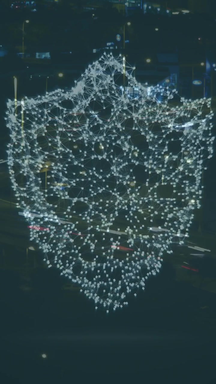 Animation of digital shield over cityscape