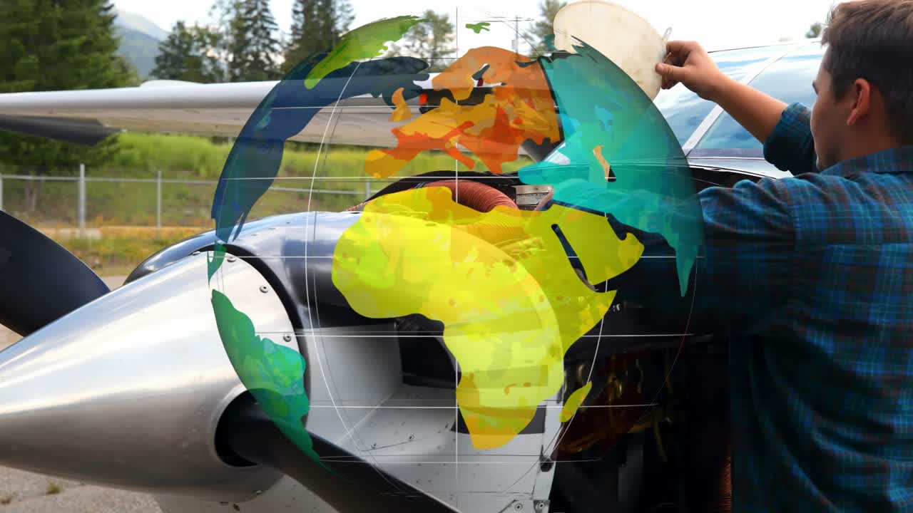Man lifting engine cowl, reaching into twin engine on apron, doing preflight, globe overlaying