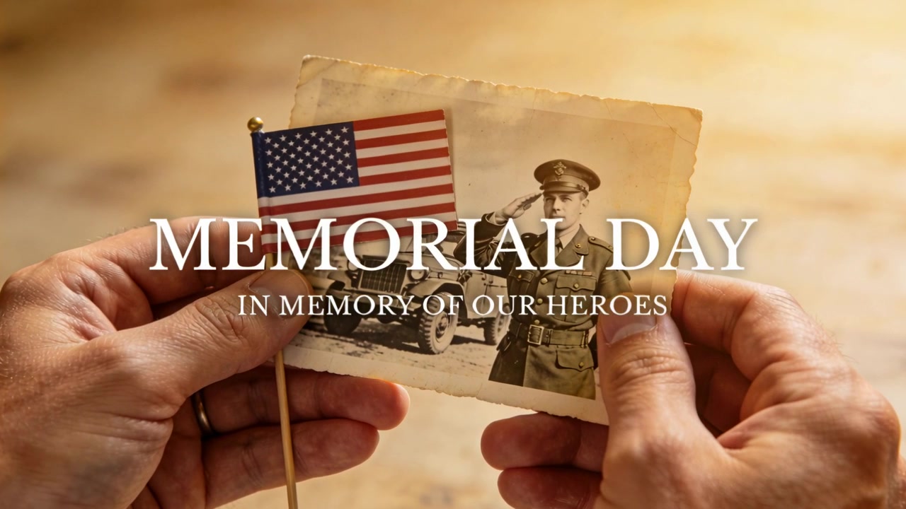 Mani adulte che sistemano un ritratto vintage e tengono una bandiera statunitense su un tavolo per il MEMORIAL DAY.
