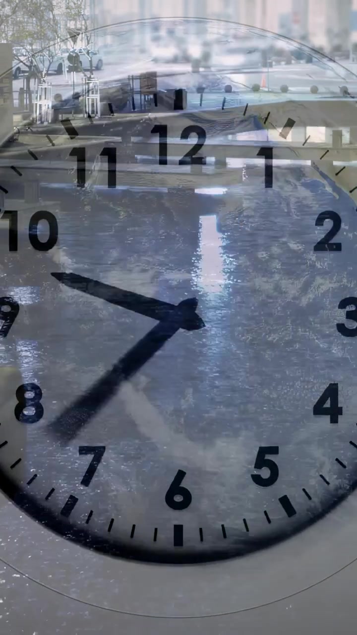 Video verticale: Luce solare che si sposta, lancette trasparenti dell'orologio che ruotano, mostrando il flusso del tempo sul lungomare