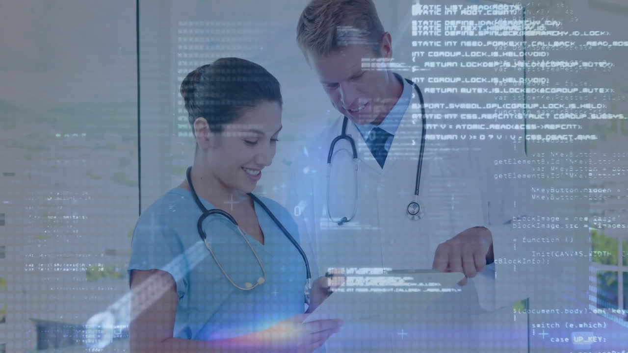 Animation of data processing over caucasian doctors