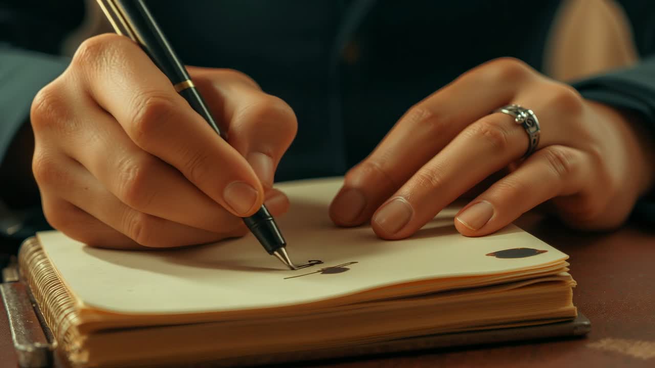 Poising fountain pen, dark-sleeved adult hands sketching spade symbol on notebook at artist desk