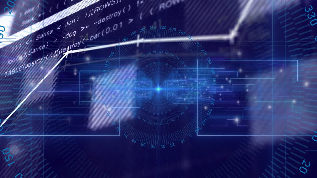 Animation of futuristic digital interface with coding and data visualization elements