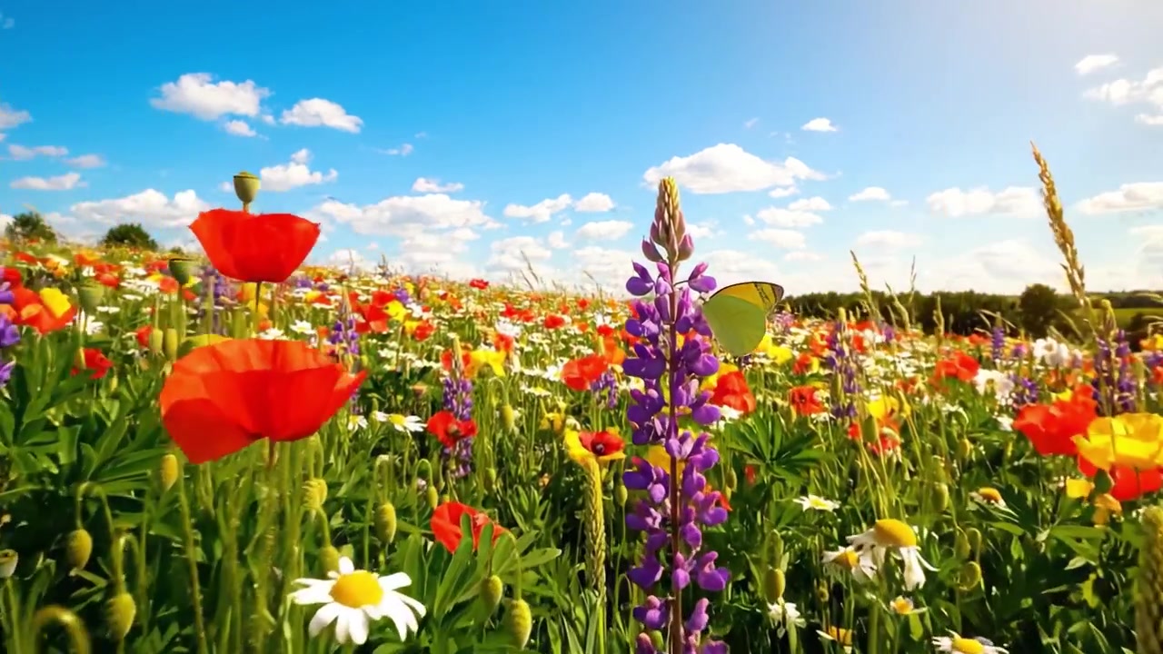 Un vibrante prato di fiori selvatici in fiore, che mostra una tavolozza colorata di papaveri, margherite e lupini contro un cielo blu brillante con nuvole soffici.