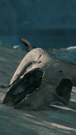 close-up of an animal skull in a desolate landscape