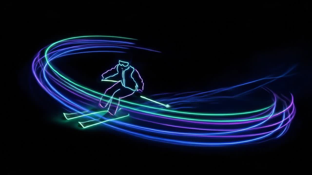 Sciatore al neon con scie luminose su sfondo nero