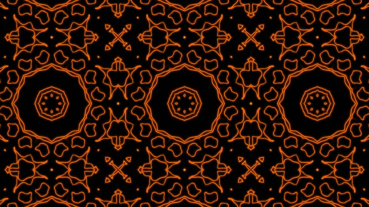 Abstract orange geometric seamless pattern background. Abstract Stripes Kaleidoscope Loop. Fast Psychedelic Colorful Kaleidoscope VJ background. Disco Abstract Motion Background. Kaleidoscope effect