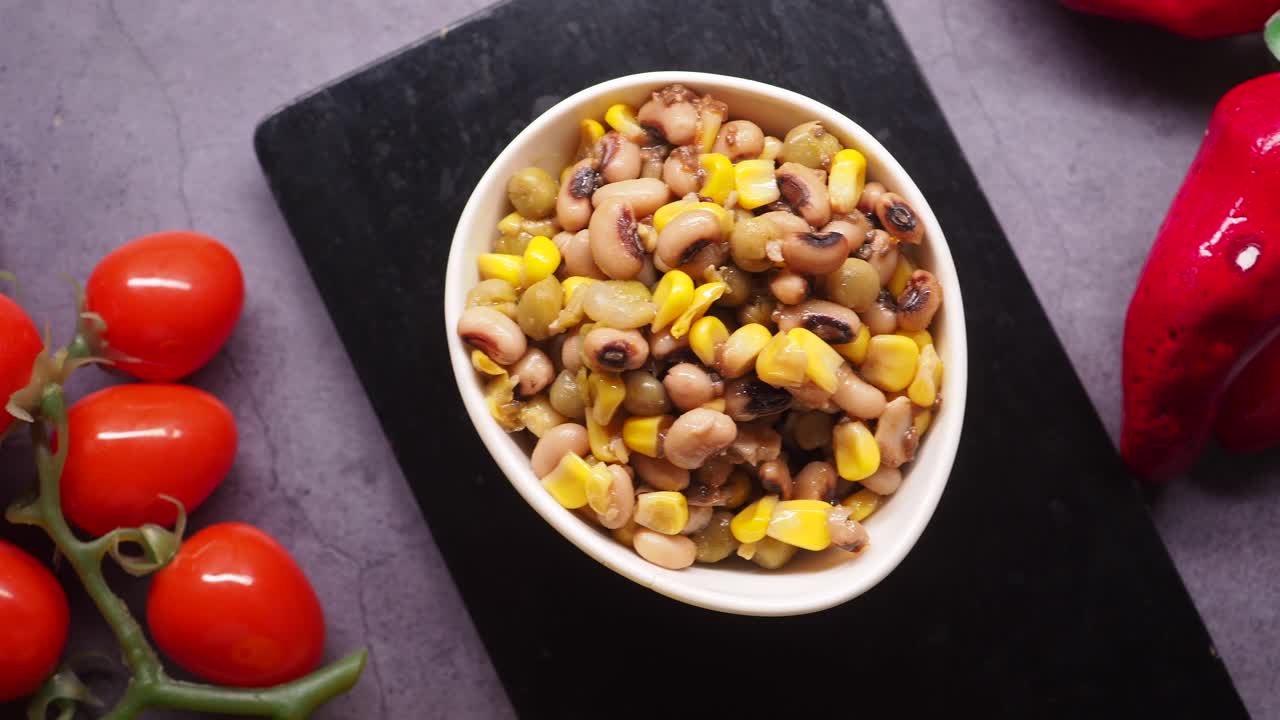 Top View of Mixed Beans and Corn with Fresh Tomatoes and Peppers