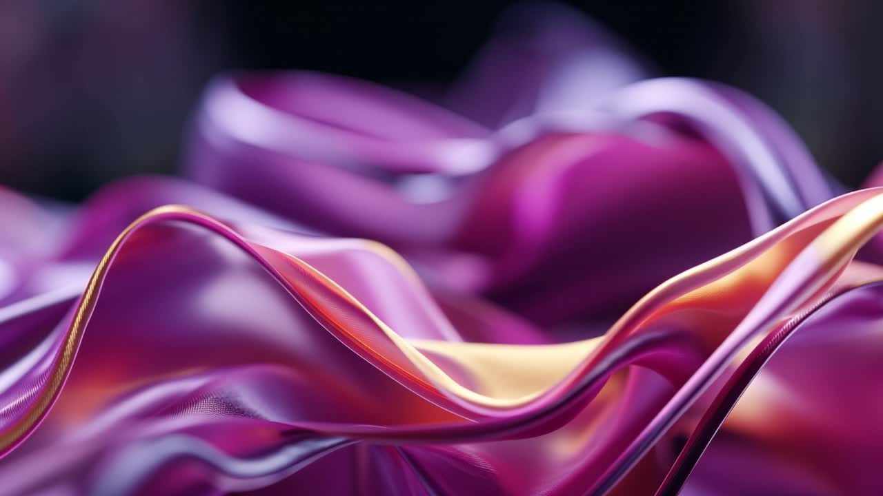 Soft folds of fabric ripple with gentle motion. Rich purples glow under warm, ambient light. Silky surface reflects golden highlights subtly. Texture feels smooth and luxurious, almost alive