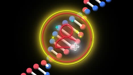 animation of red person icon with flashing add sign over rotating dna strand on black background